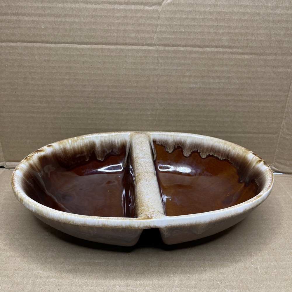 Vintage IK Brown Drip Pottery Divided Serving Relish Vegetable Dish Oval Bowl